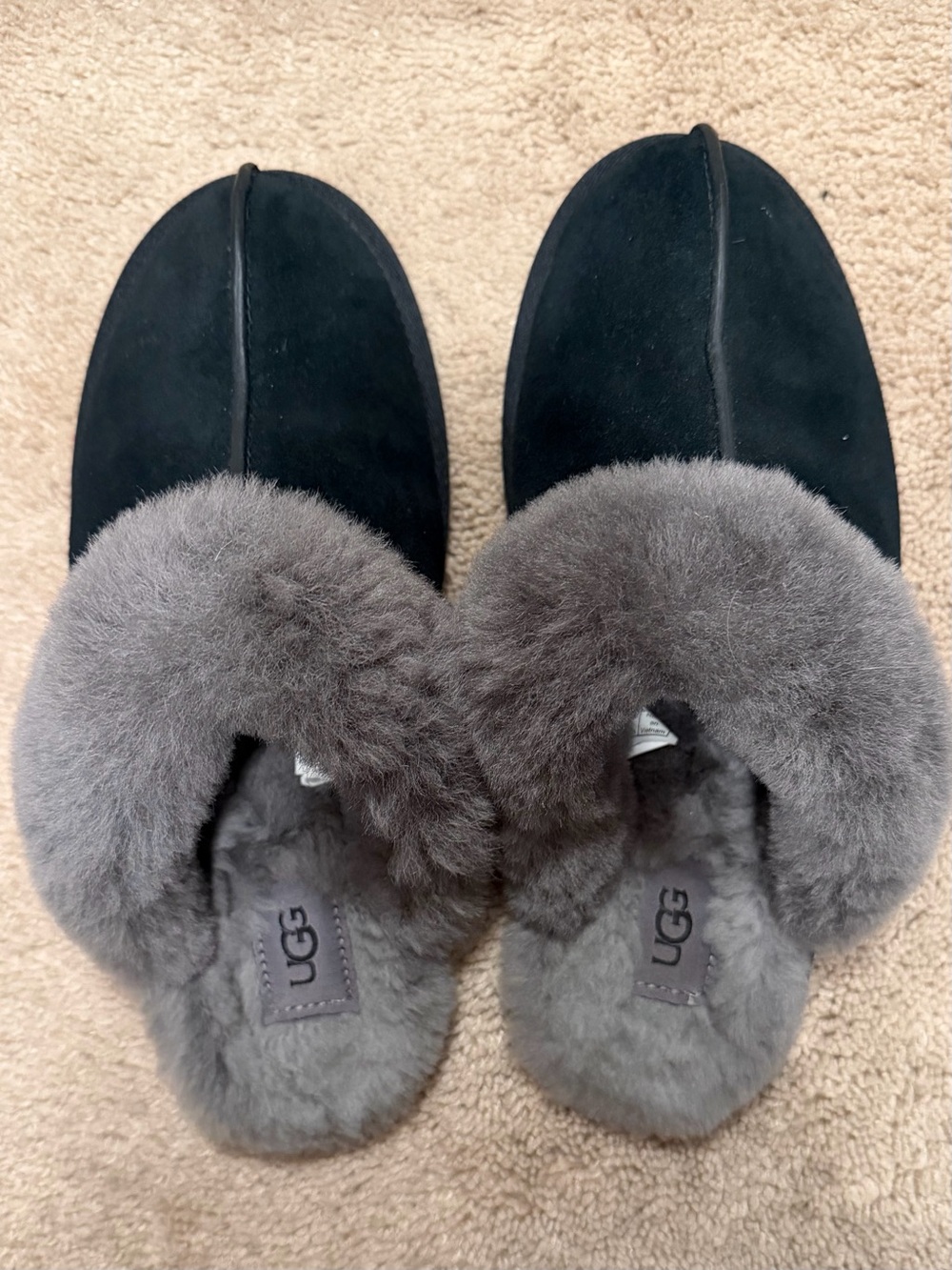 UGG Women's Black Suede Slippers with Gray Sheepskin Collar